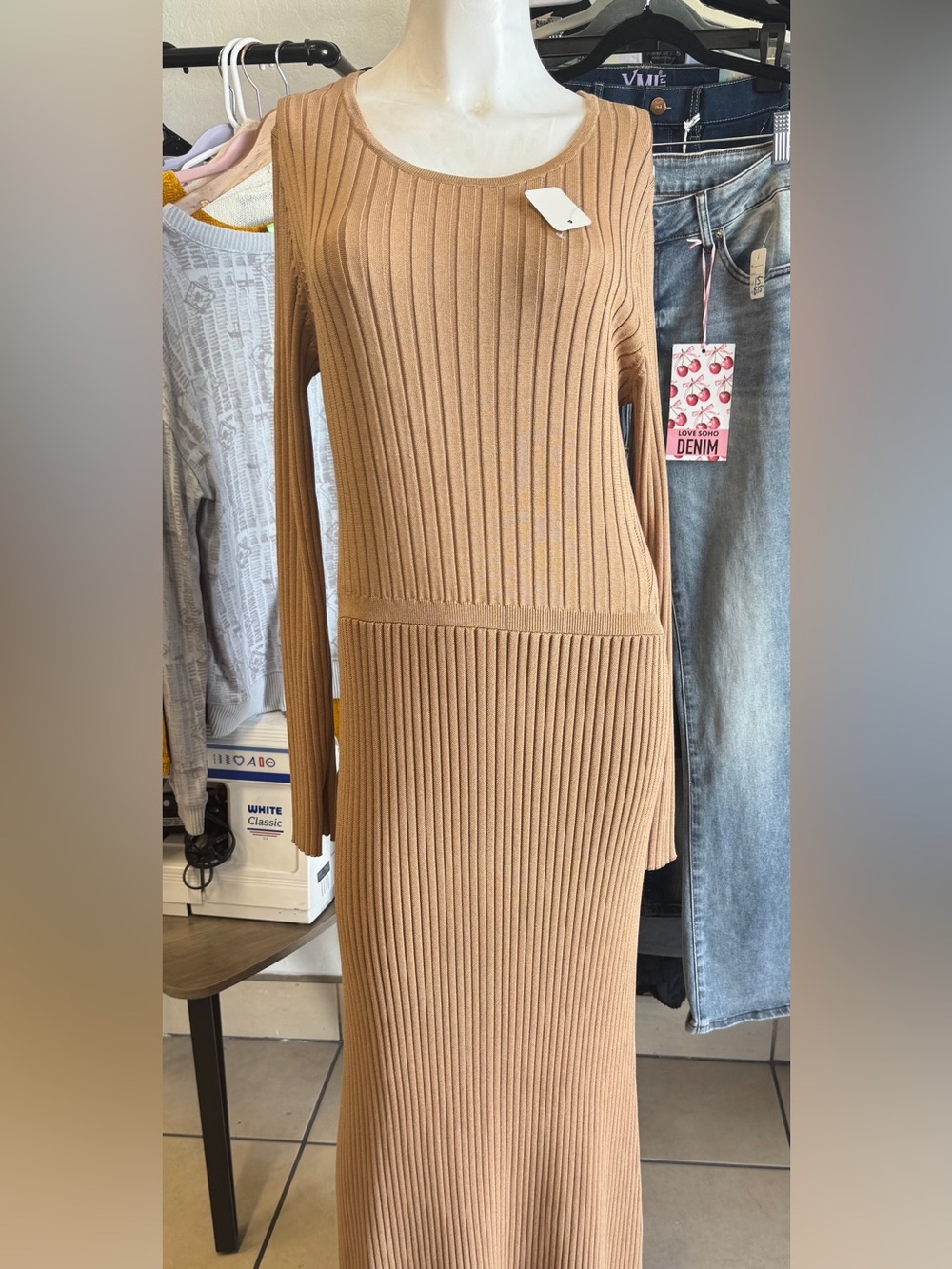 Express Camel Ribbed Long Sleeve Maxi Dress